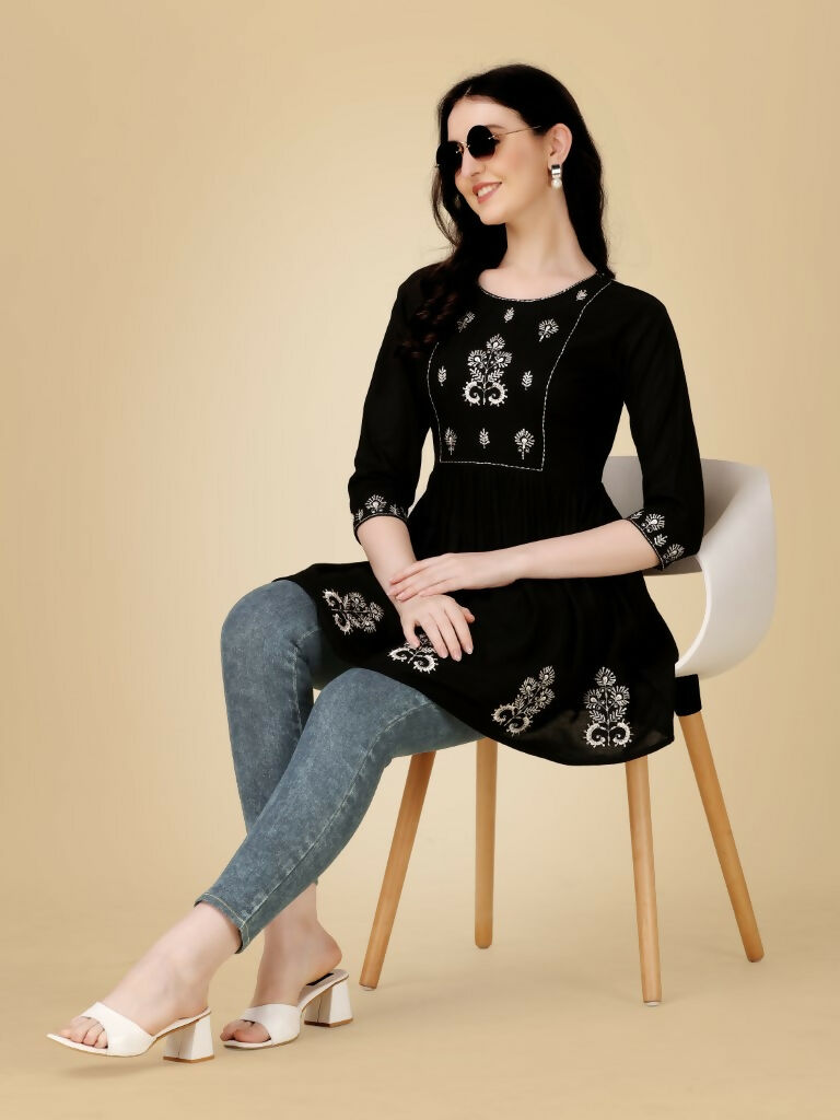 Jyoti Fashion Women's Black Viscose Rayon Embroidered Casual Top | Grocsy