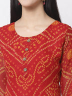 Myshka Women Red Georgette Printed 3/4 Sleeve Round Neck Kurta Pant Dupatta Set | Grocsy