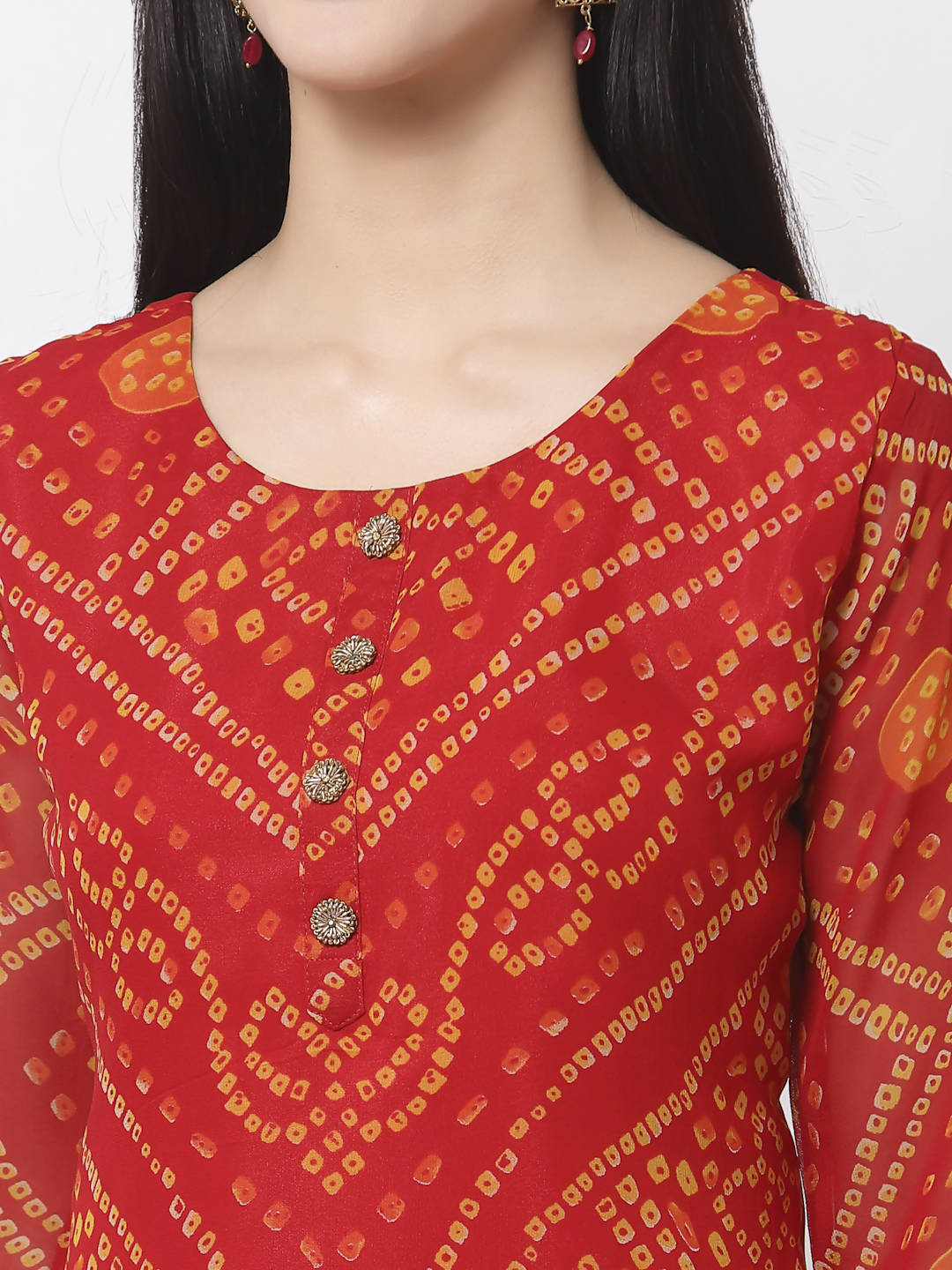 Myshka Women Red Georgette Printed 3/4 Sleeve Round Neck Kurta Pant Dupatta Set | Grocsy
