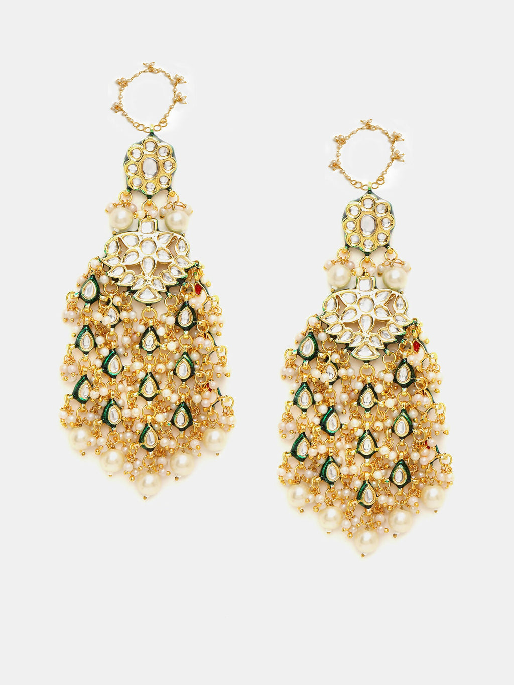 Ruby Raang 22k Gold Polished Kundan Chand Earrings With Ear Chains | Grocsy