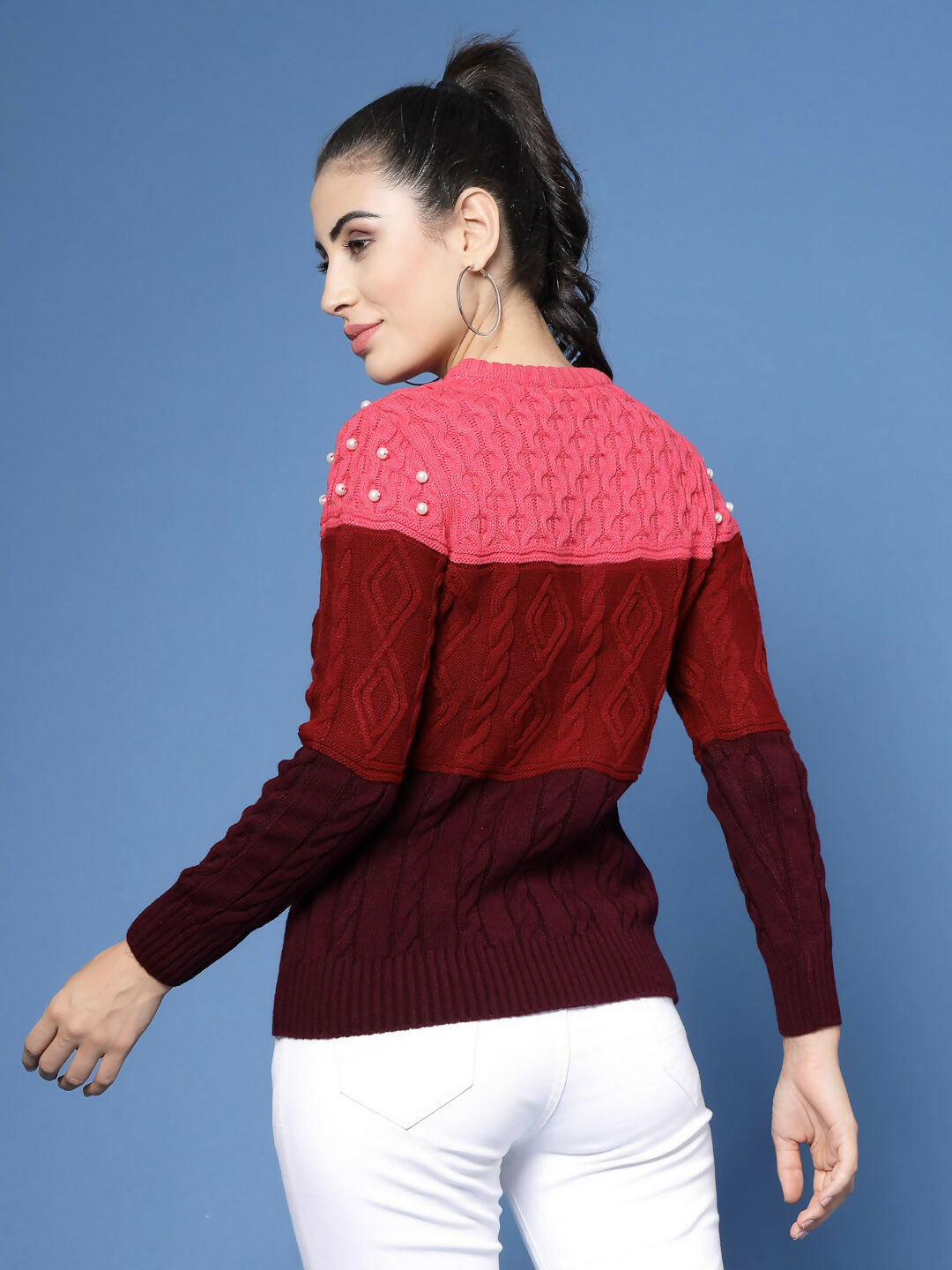 Women Color Block Marron Acrylic Winter Sweater - Wool Trees | Grocsy