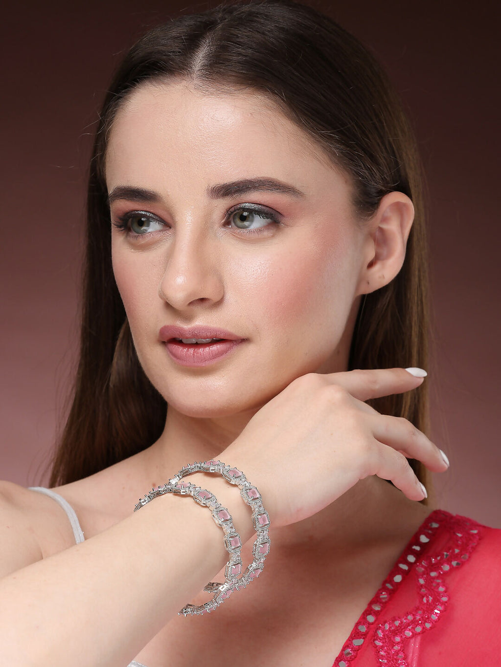 NVR Women's Set of 2 Silver-Plated Pink AD-Studded Bangles | Grocsy