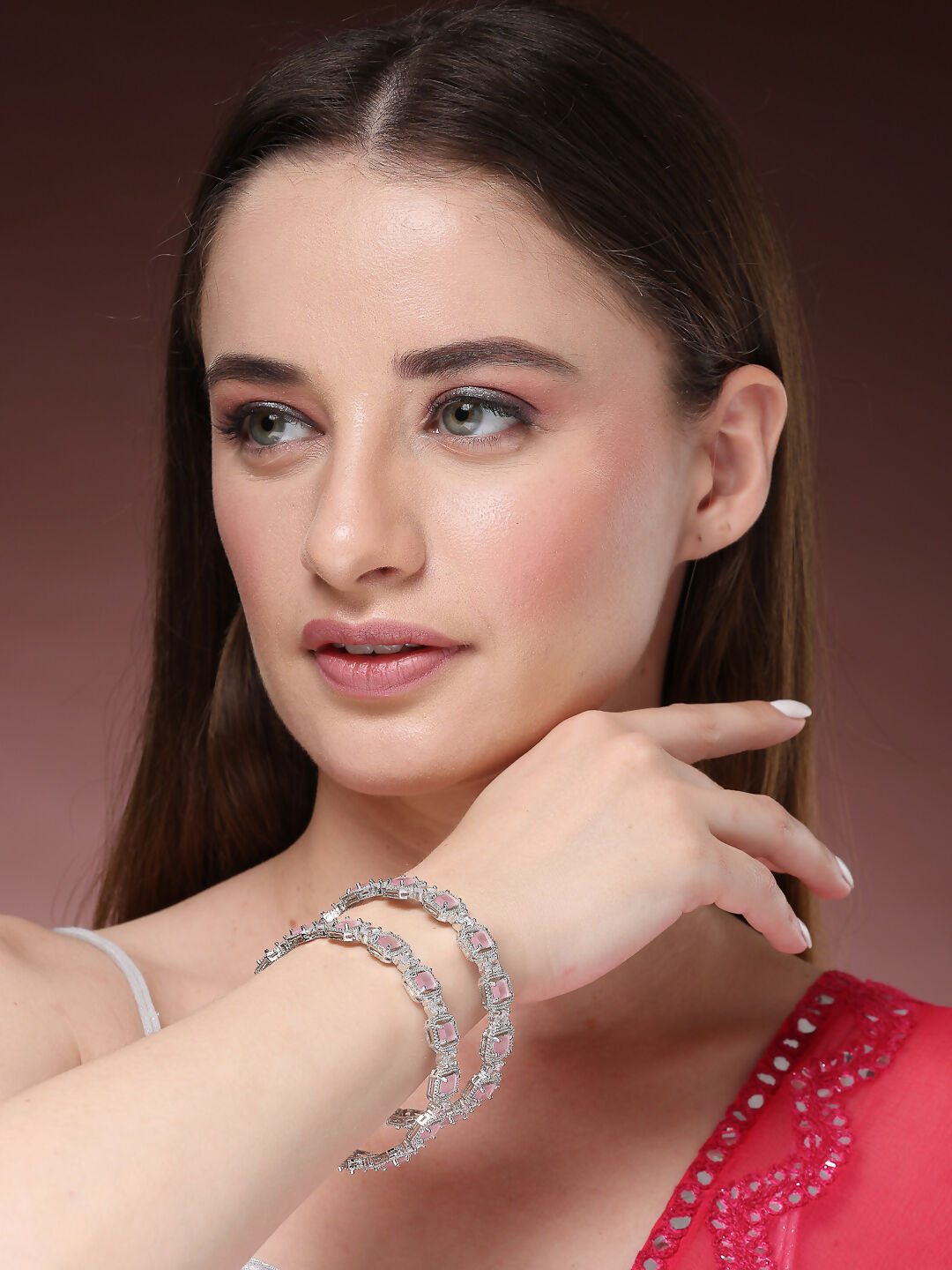 NVR Women's Set of 2 Silver-Plated Pink AD-Studded Bangles | Grocsy