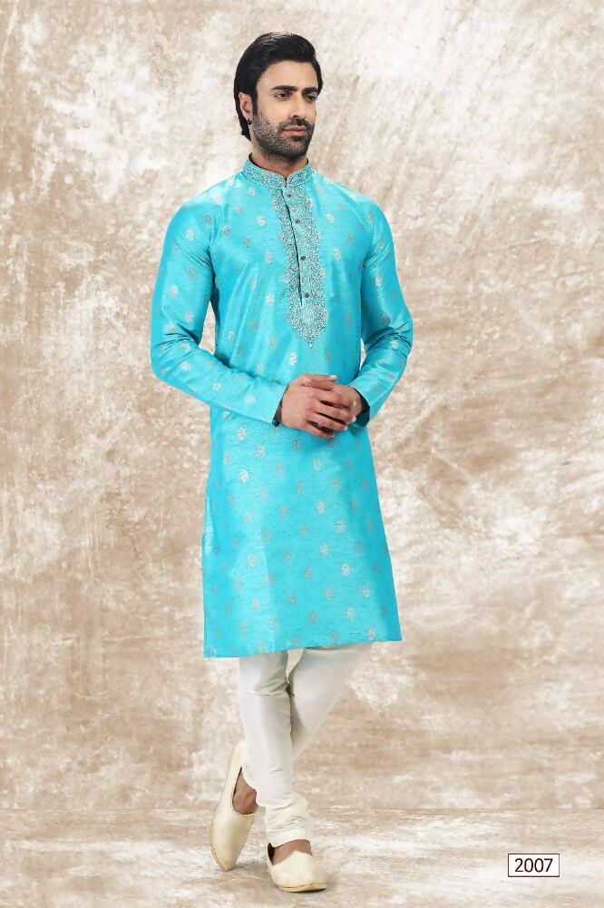 Raivat Ethnic Jacquard Silk Brocade Thread Work Kurta Pajama In Sky Blue Colour | Grocsy