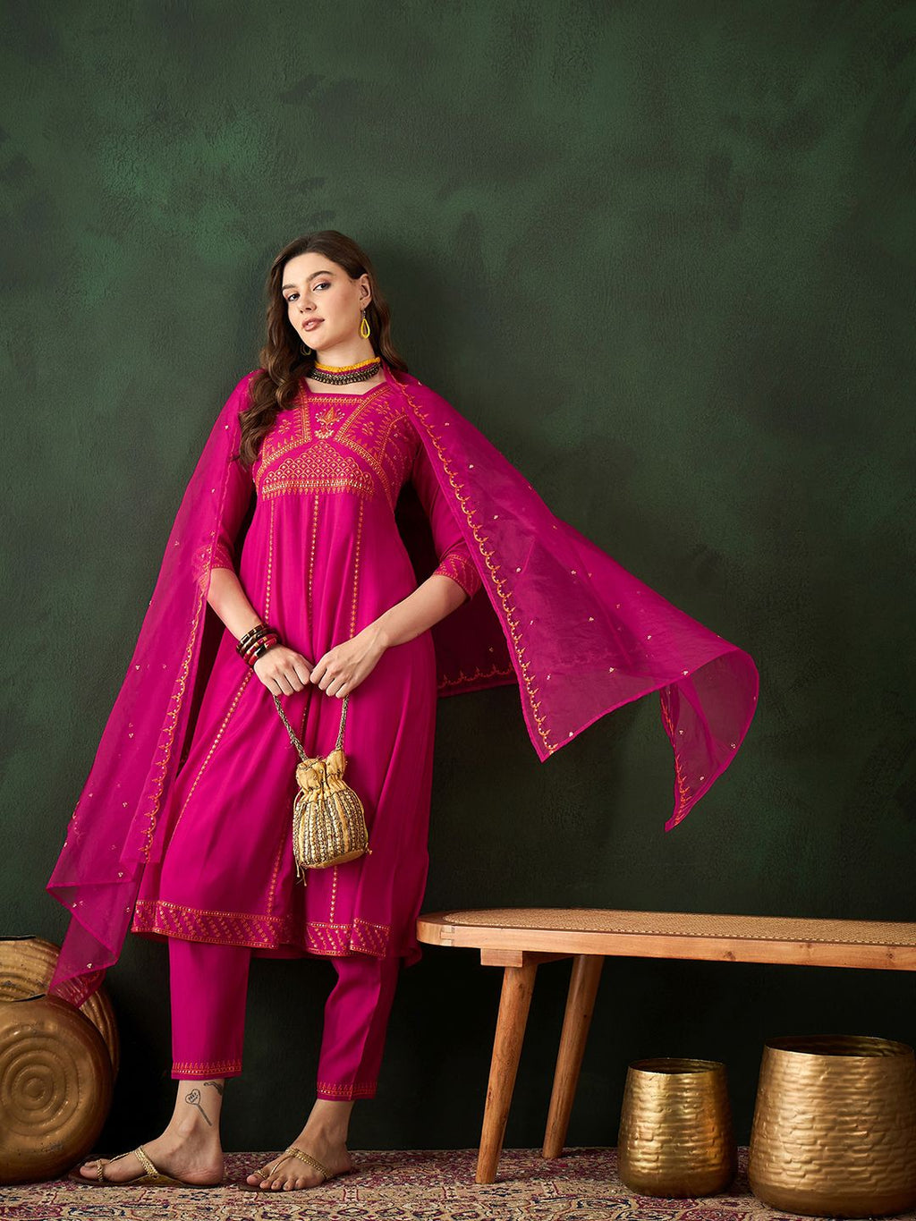 Sangria Embroidered Kurta & Trouser With Dupatta | Grocsy