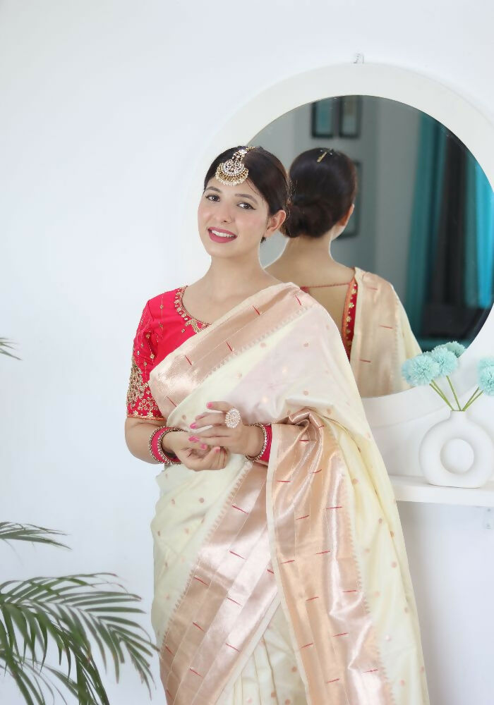 Cream Woven Jacquard Designer Embroidery Work Party Wear Saree - Parampara | Grocsy