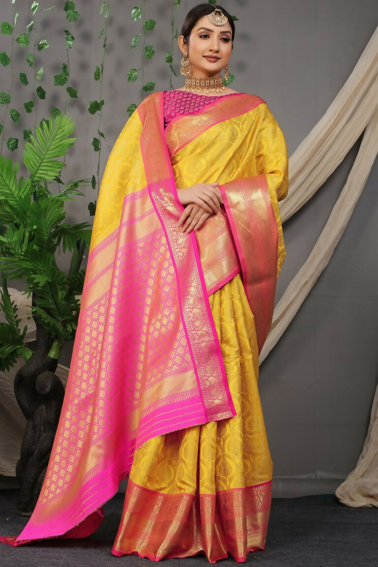 Jyoti Fashion Women's Yellow Kanjivaram Silk Zari Woven Saree with Blouse | Grocsy