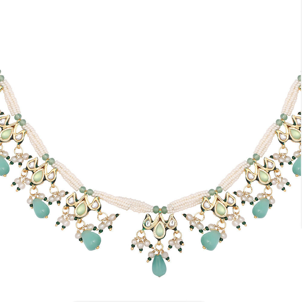 Nuyug 22K Gold Plated Pearl Empress Flora Green Stone Drops Necklace Set | Grocsy