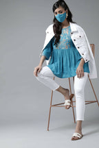 Juniper Women Skyblue Rayon Slub Polka Print Peplum Tunic | Grocsy