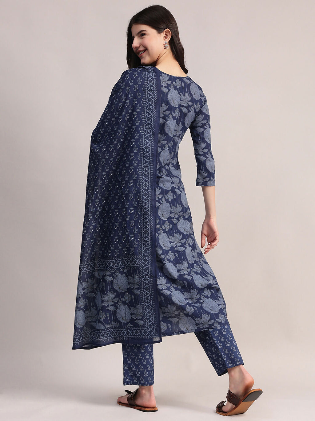 Aavyora Women's Floral Printed Indigo Blue Cotton Straight Kurta With Trouser & Dupatta | Grocsy