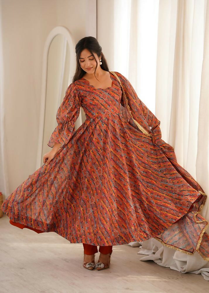 Teeya Creation Women's Multicolour Printed Ethnic Gown with Bell Sleeves and Designer Dupatta | Grocsy