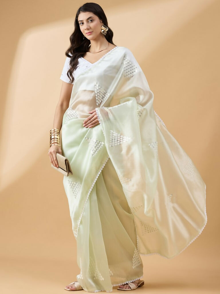 Green Tissue Slub Embroidered Saree with Unstitched Blouse - Vairagi | Grocsy