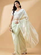 Green Tissue Slub Embroidered Saree with Unstitched Blouse - Vairagi | Grocsy