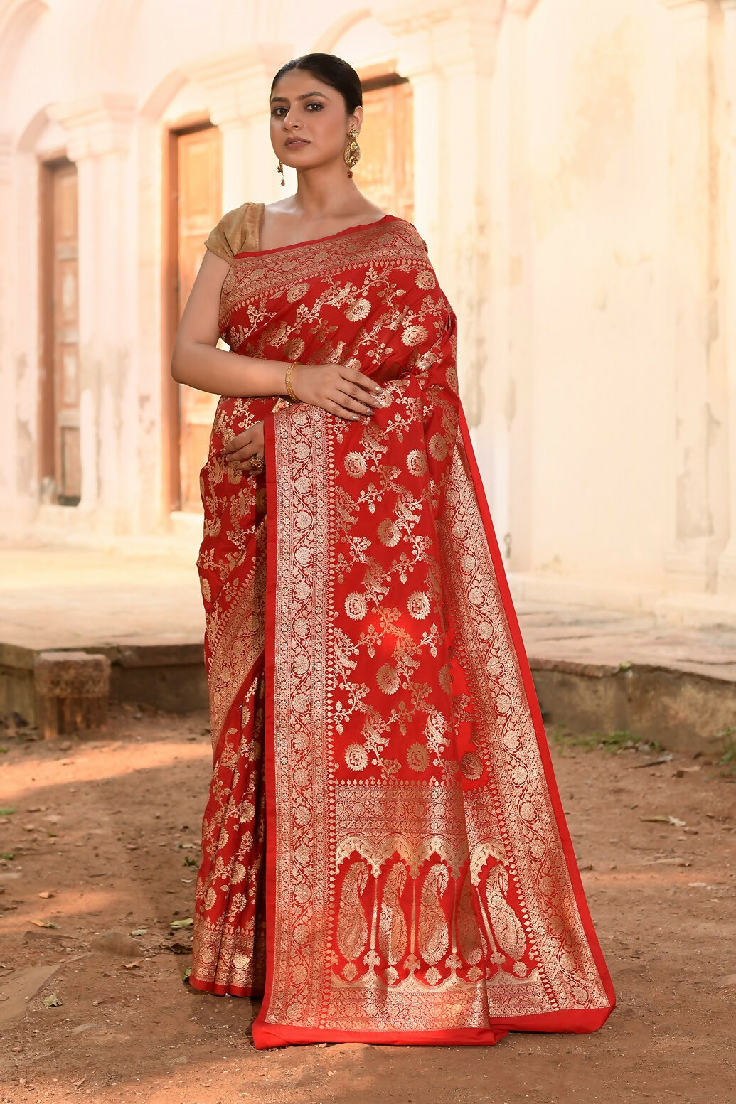 Joban Fashion Red Banarasi Soft Pure Handloom Banarasi Silk Saree | Grocsy