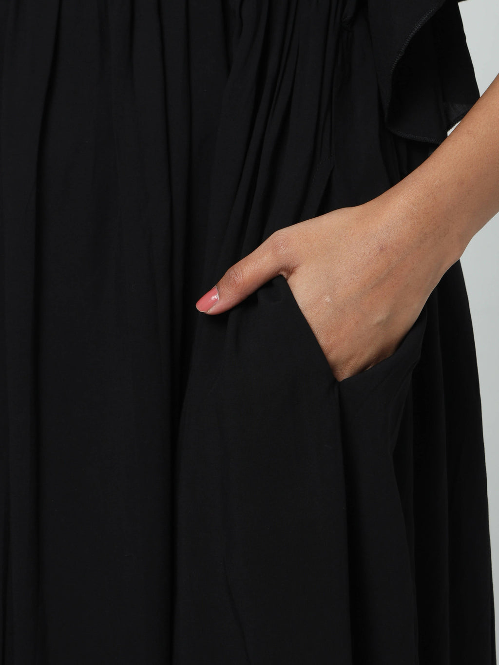 Manet Maternity Frill Slevee Solid Dress With Concealed Zipper Nursing Access - Black | Grocsy