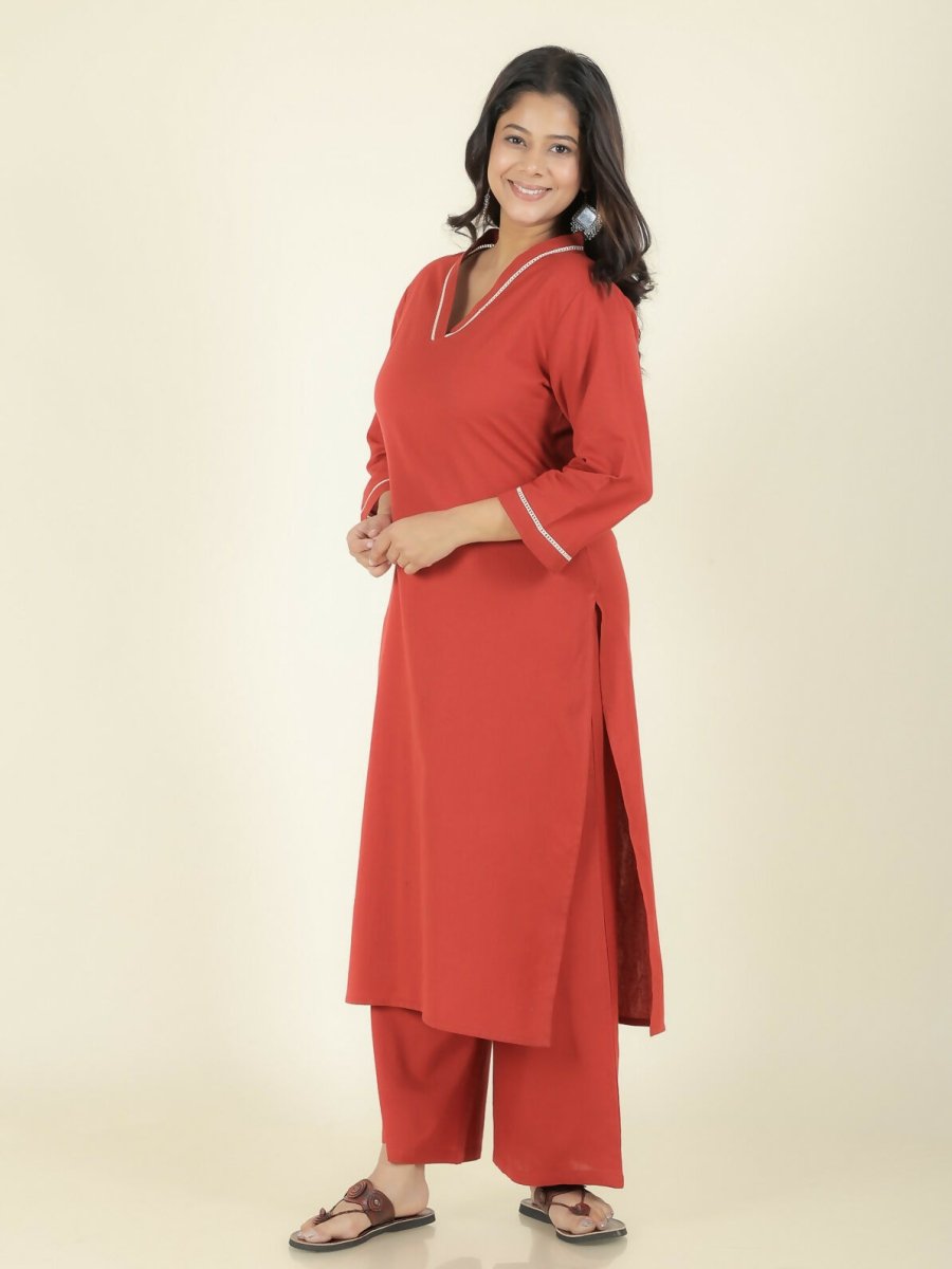 Aramya Red Linen Cotton Solid Straight Kurta for Women | Grocsy