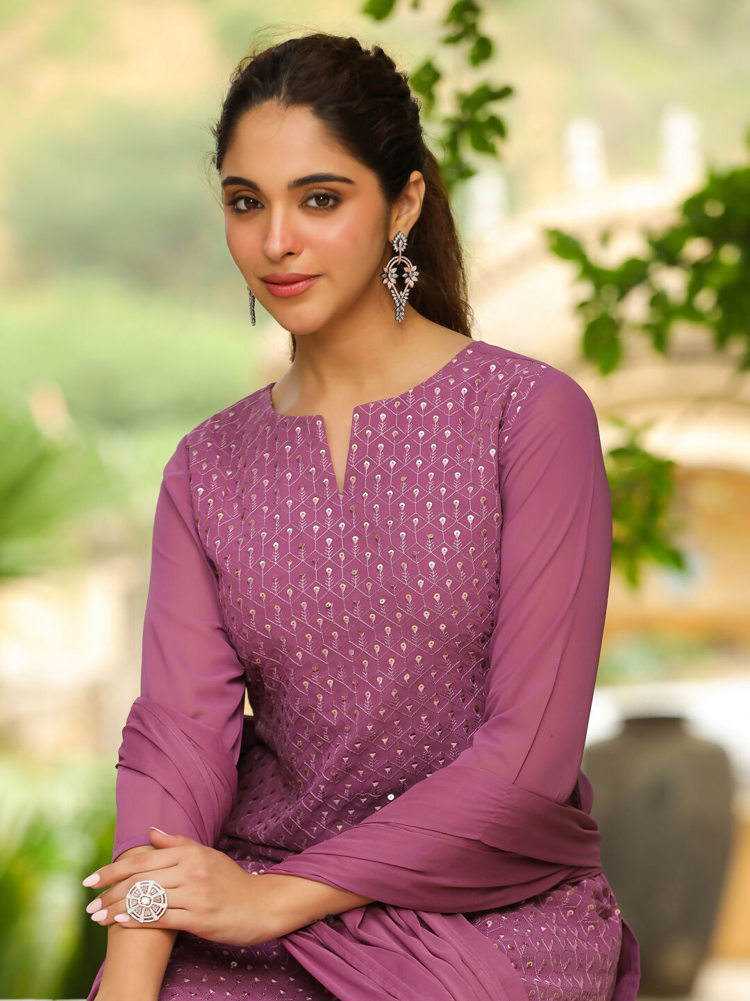 Janasya Lavender Georgette Embroidered Kurta,Bottom & Dupatta | Grocsy