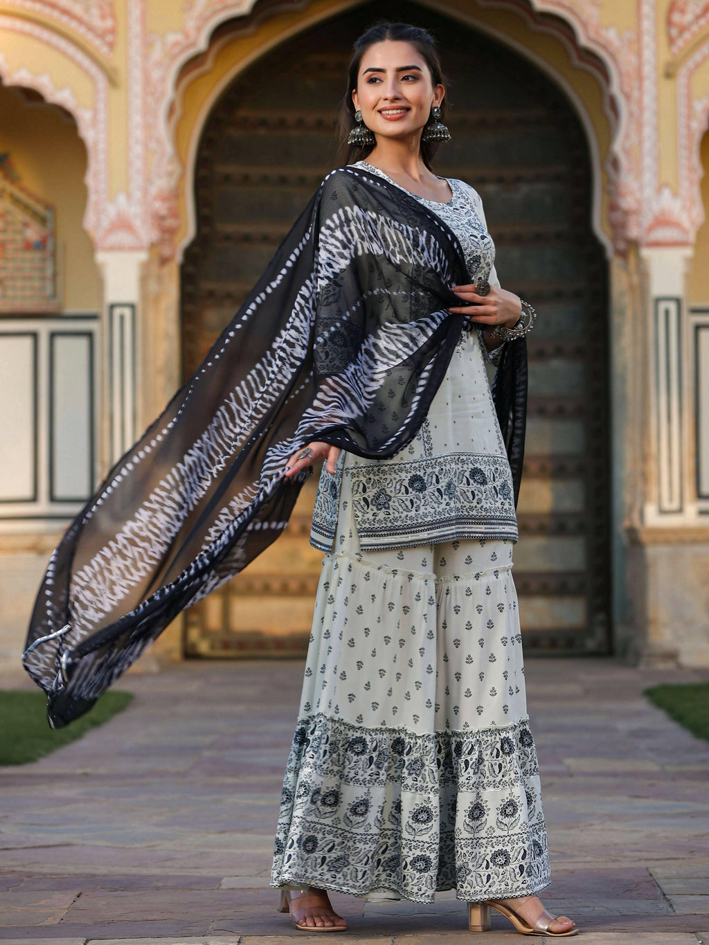 Juniper Women's Off White Rayon Floral Placement Kurta With Sharara And Dupatta Set | Grocsy