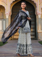 Juniper Women's Off White Rayon Floral Placement Kurta With Sharara And Dupatta Set | Grocsy