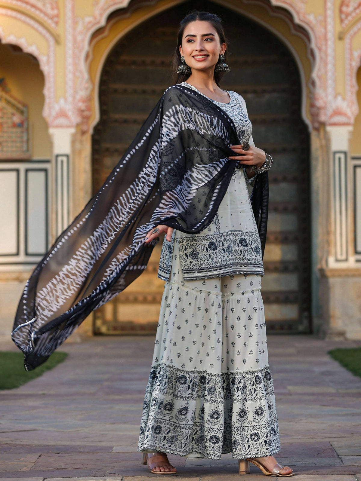 Juniper Women's Off White Rayon Floral Placement Kurta With Sharara And Dupatta Set | Grocsy