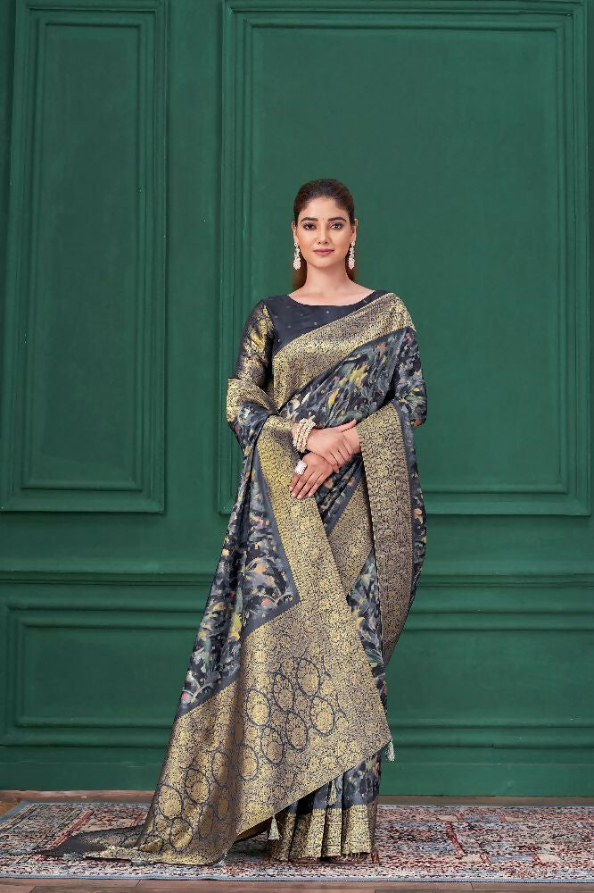 Blue Tussar Silk Jacquard Abstract Digital Print Saree with Unstitched Blouse - Mohira | Grocsy