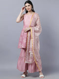 Myshka Women Peach-Coloured White Floral Printed Kurta with Sharara With Dupatta Set | Grocsy