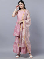 Myshka Women Peach-Coloured White Floral Printed Kurta with Sharara With Dupatta Set | Grocsy
