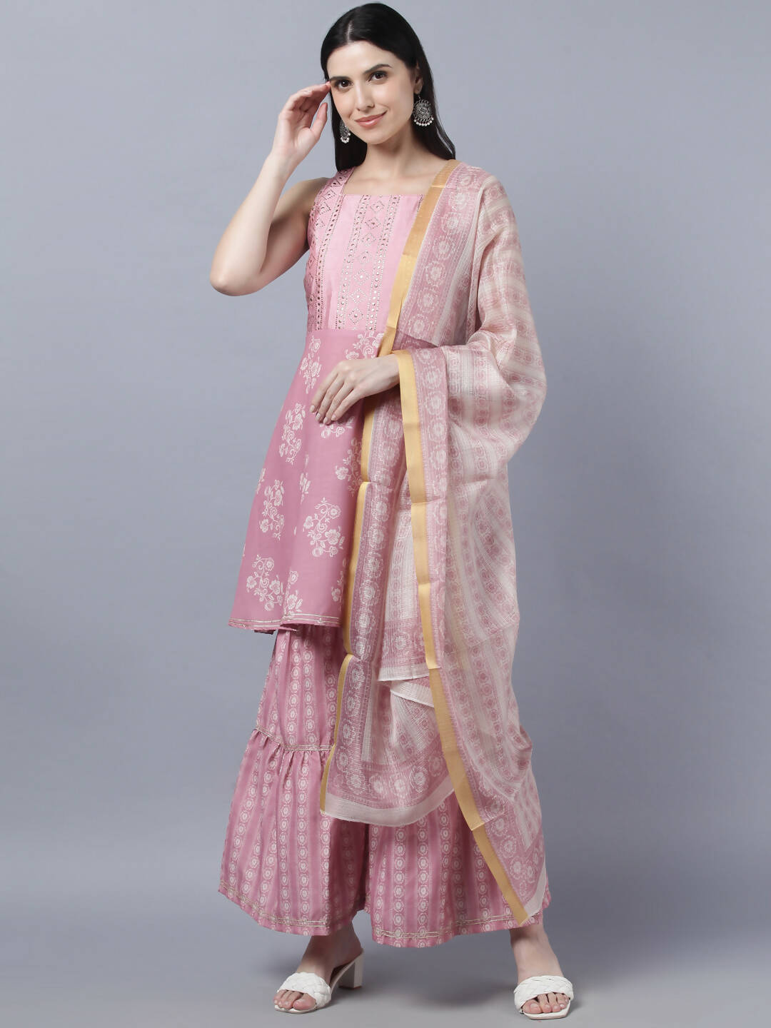 Myshka Women Peach-Coloured White Floral Printed Kurta with Sharara With Dupatta Set | Grocsy
