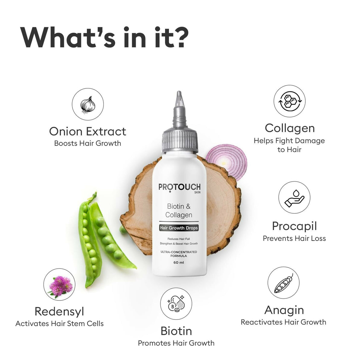 Protouch Biotin & Collagen Hair Growth Drops with Redensyl, Anagain, Procapil, and Onion Extract | Grocsy