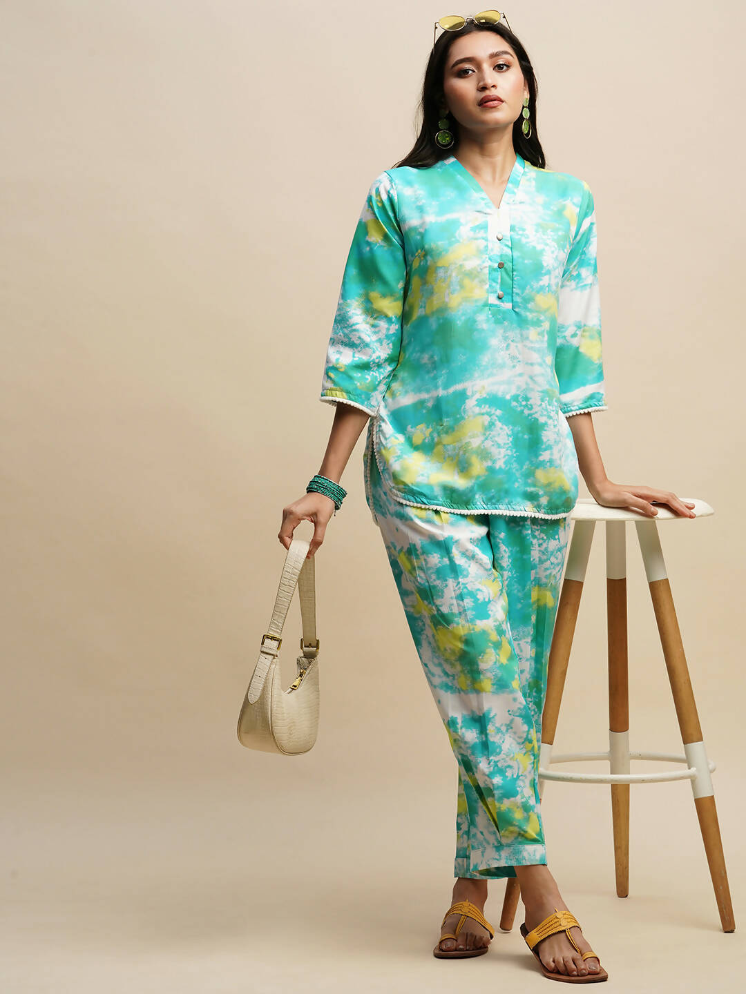 Sky Blue Poly Rayon Tie and dye Printed Top with Matching Trouser - Shivani | Grocsy