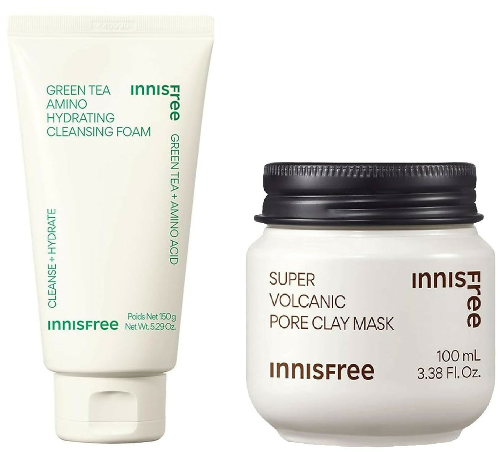 Innisfree Super Volcanic Pore Clay Mask 2X & Green Tea Foam Cleanser Combo | Grocsy