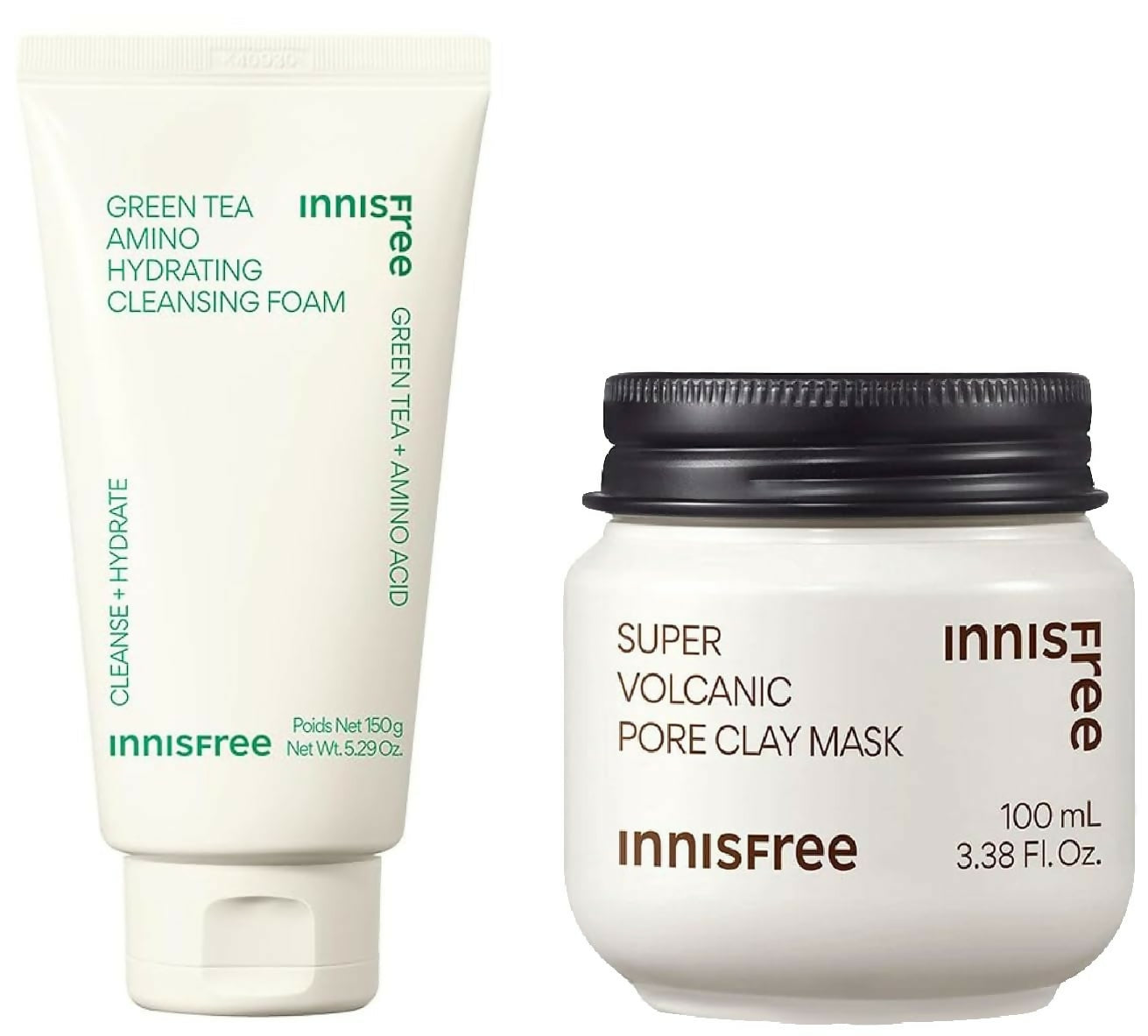 Innisfree Super Volcanic Pore Clay Mask 2X & Green Tea Foam Cleanser Combo | Grocsy
