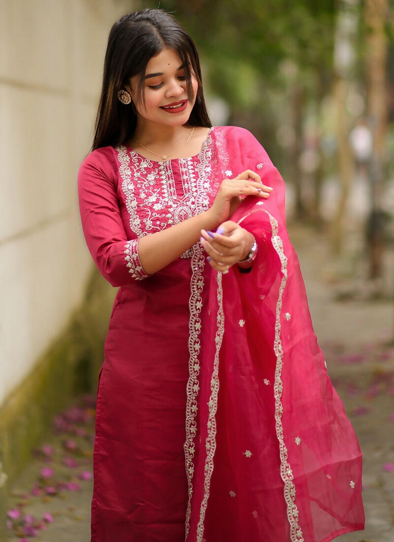 Vellora Soft Pink Silk Blend Embroidered Readymade Suit for Casual Outings | Grocsy