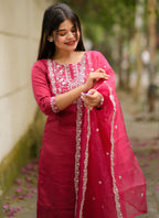 Vellora Soft Pink Silk Blend Embroidered Readymade Suit for Casual Outings | Grocsy