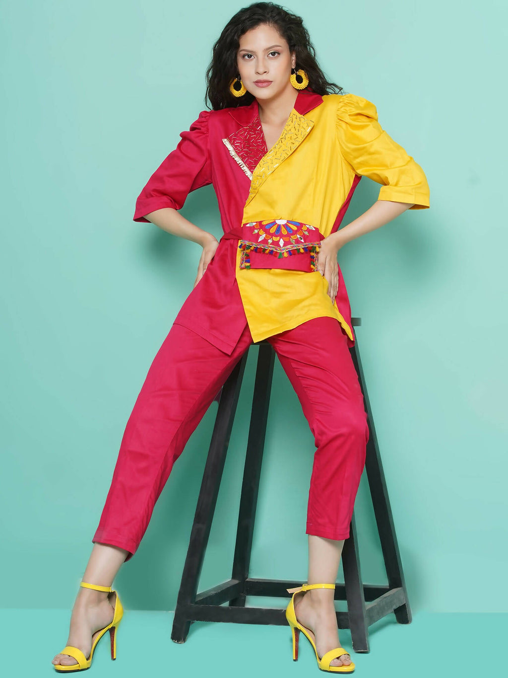 Women Republic Pink And Yellow Cotton Silk hand Embellished Coord set with Pouch | Grocsy