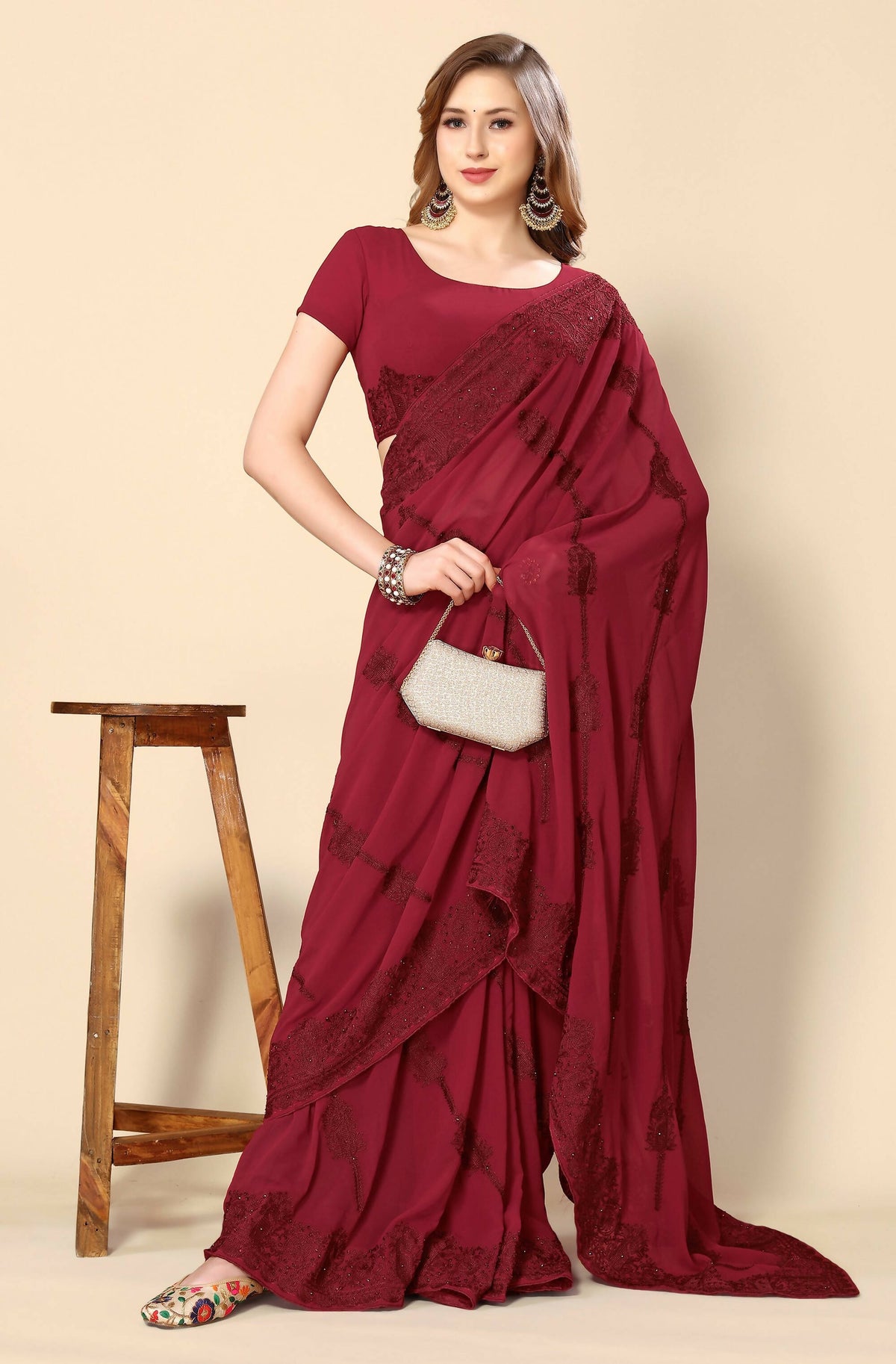 Maroon Georgette Embroidered and Stone Work Saree with Unstitched Blouse Piece - Roozal | Grocsy
