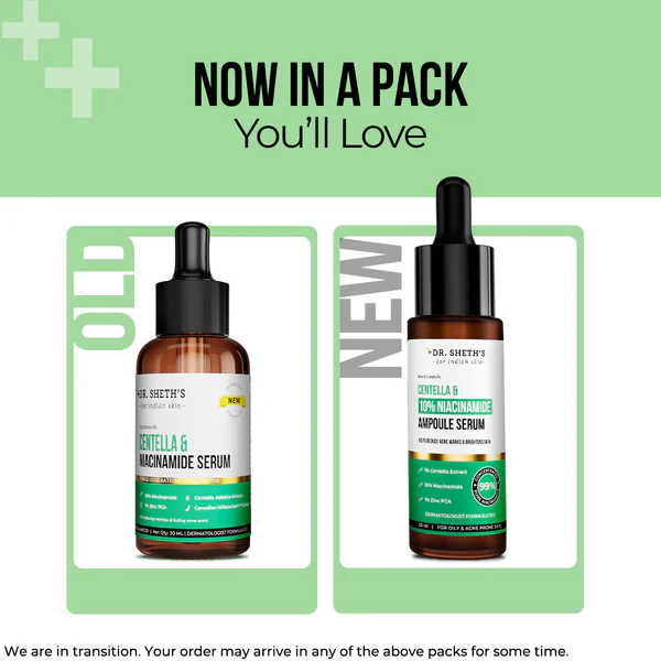 Dr. Sheth's Centella & 10% Niacinamide Face Serum For Acne Scars, Acne Marks, Redness & Skin Irritation, For All Skin Types | Grocsy