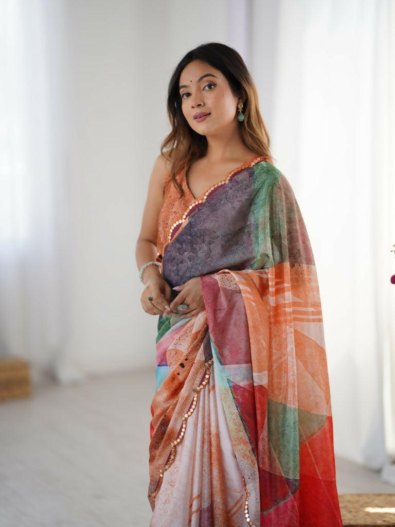Multi Chinon Designer Digital Printed,Mirror Cut Work Saree - Sohni | Grocsy