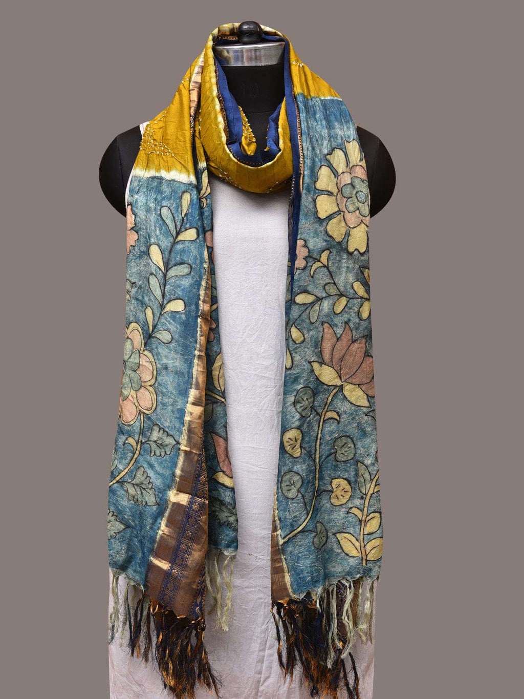Olive and Blue Bandhani Kanchipuram Silk Handloom Dupatta with Kalamkari Design - Global Threads | Grocsy