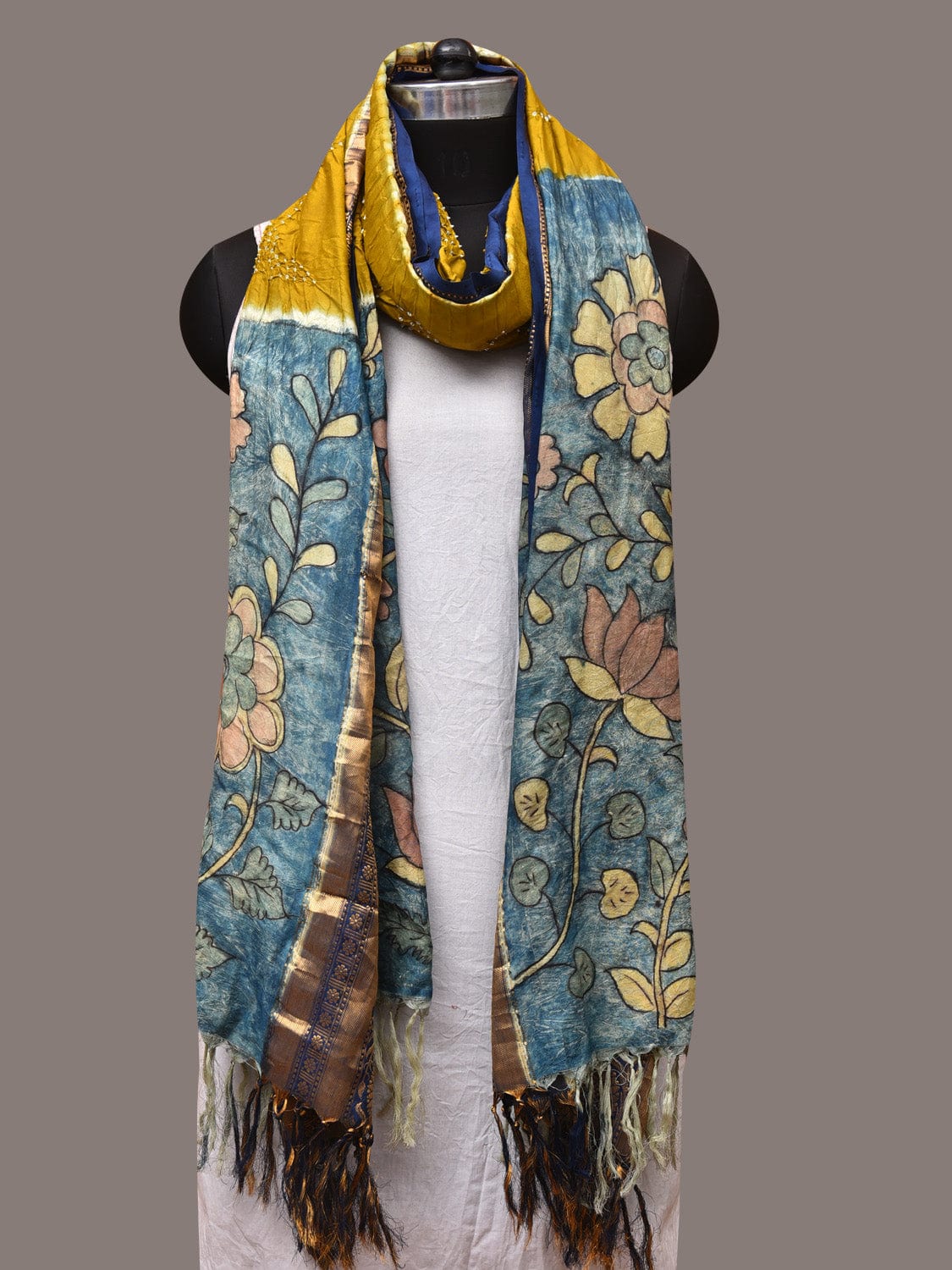 Olive and Blue Bandhani Kanchipuram Silk Handloom Dupatta with Kalamkari Design - Global Threads | Grocsy