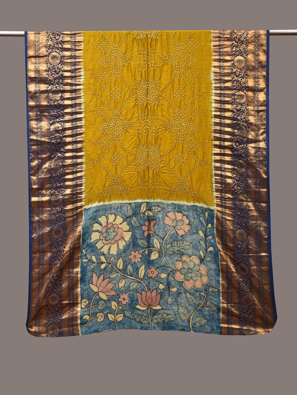 Olive and Blue Bandhani Kanchipuram Silk Handloom Dupatta with Kalamkari Design - Global Threads | Grocsy