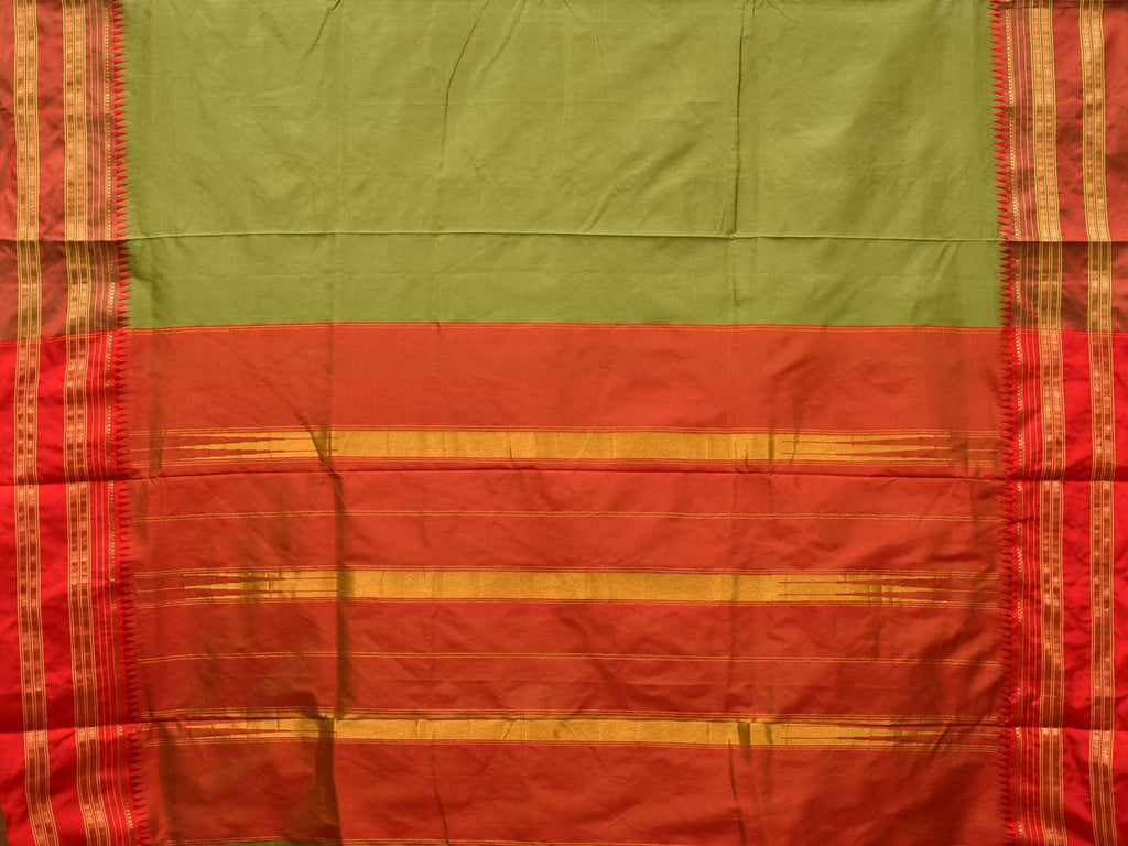 Olive and Red Narayanpet Silk Handloom Plain Saree with Traditional Border Design No Blouse - Global Threads | Grocsy