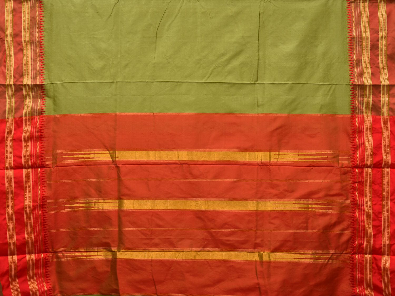 Olive and Red Narayanpet Silk Handloom Plain Saree with Traditional Border Design No Blouse - Global Threads | Grocsy