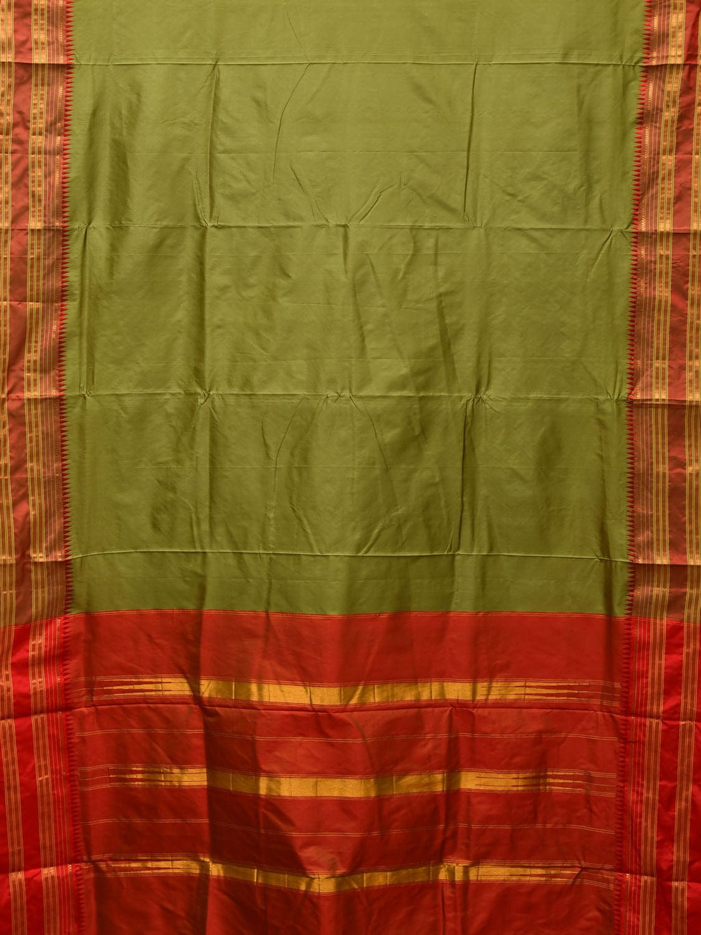 Olive and Red Narayanpet Silk Handloom Plain Saree with Traditional Border Design No Blouse - Global Threads | Grocsy