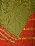 Olive and Red Narayanpet Silk Handloom Plain Saree with Traditional Border Design No Blouse - Global Threads | Grocsy