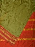 Olive and Red Narayanpet Silk Handloom Plain Saree with Traditional Border Design No Blouse - Global Threads | Grocsy