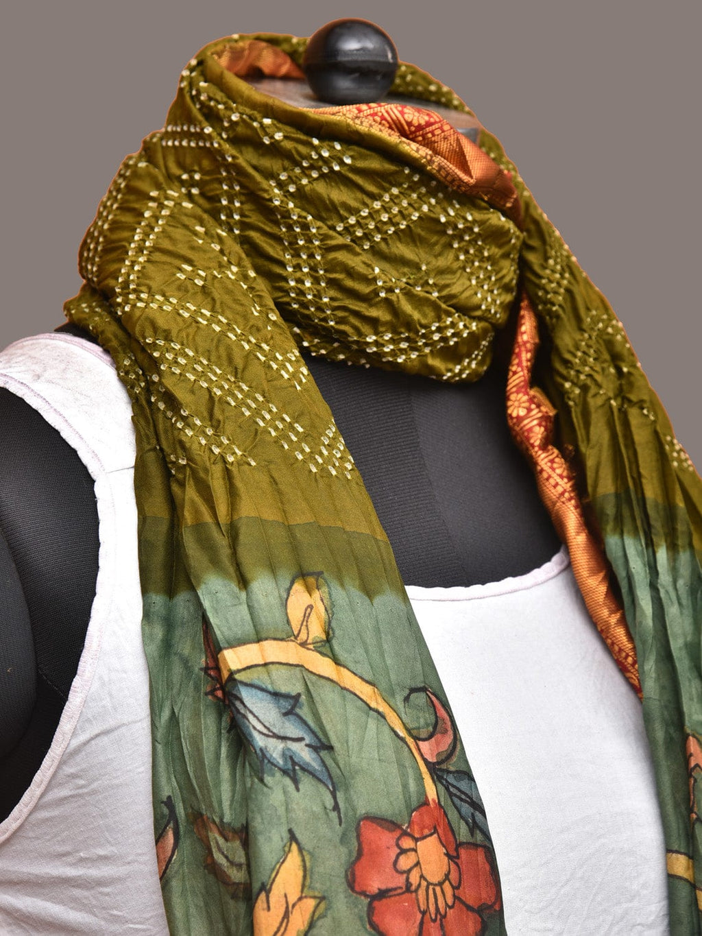 Olive and Sea Green Bandhani Kanchipuram Silk Handloom Dupatta with Kalamkari Floral Work Design - Global Threads | Grocsy