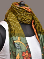 Olive and Sea Green Bandhani Kanchipuram Silk Handloom Dupatta with Kalamkari Floral Work Design - Global Threads | Grocsy