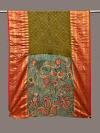 Olive and Sea Green Bandhani Kanchipuram Silk Handloom Dupatta with Kalamkari Floral Work Design - Global Threads | Grocsy