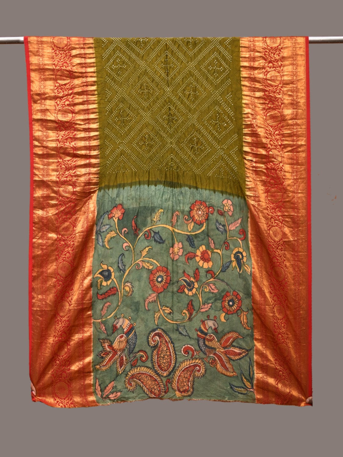Olive and Sea Green Bandhani Kanchipuram Silk Handloom Dupatta with Kalamkari Floral Work Design - Global Threads | Grocsy